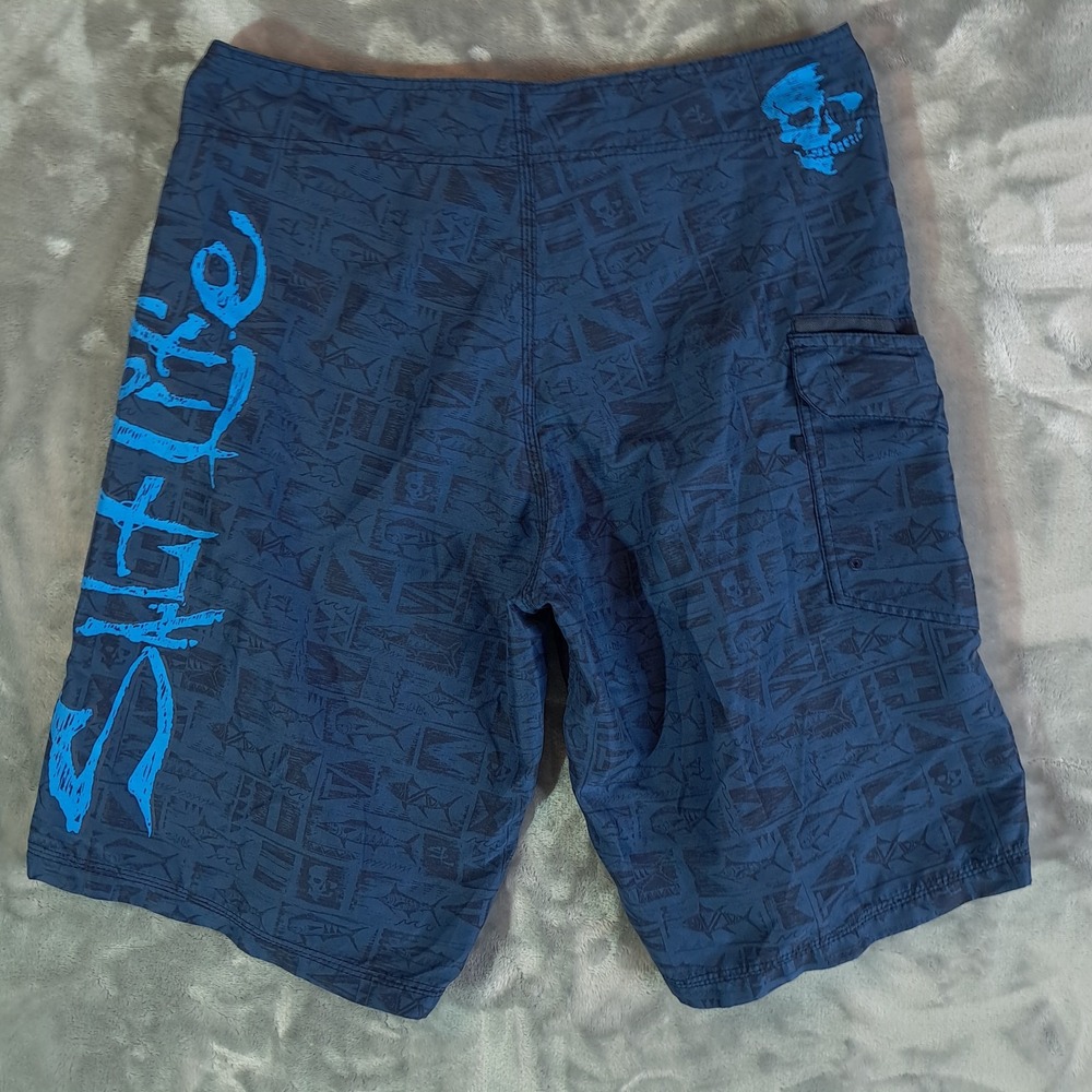 Salt Life Mens Board Shorts 34 Blue SLX-QD Skull Fish Swim Trunks Cargo Pocket